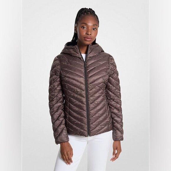 NWT Michael Kors Chevron Logo Print Quilted Nylon Reversible Jacket Size L - Picture 2 of 16